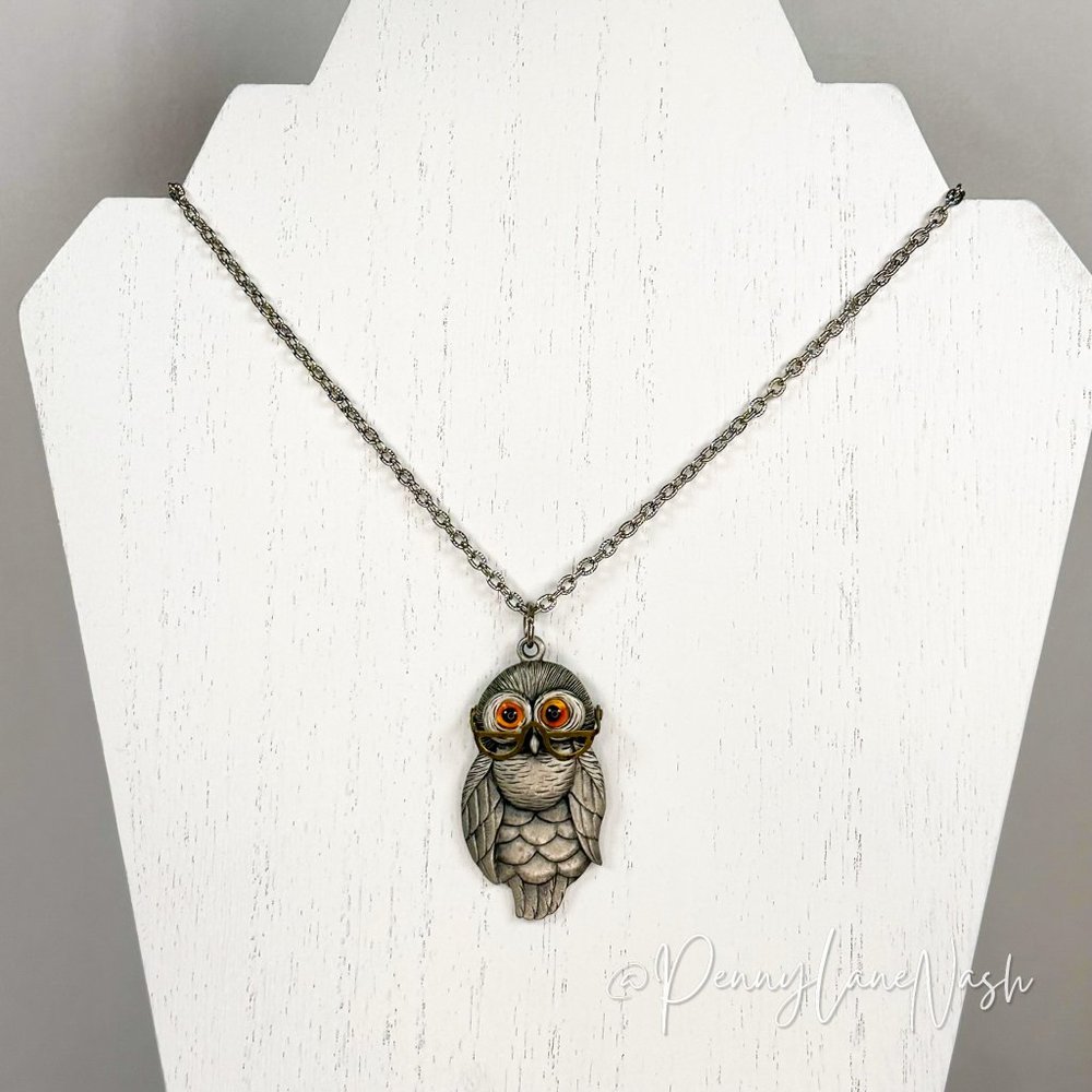 Vintage Large Owl w Glasses & Bead Eyes Pendant Necklace - Picture 1 of 5